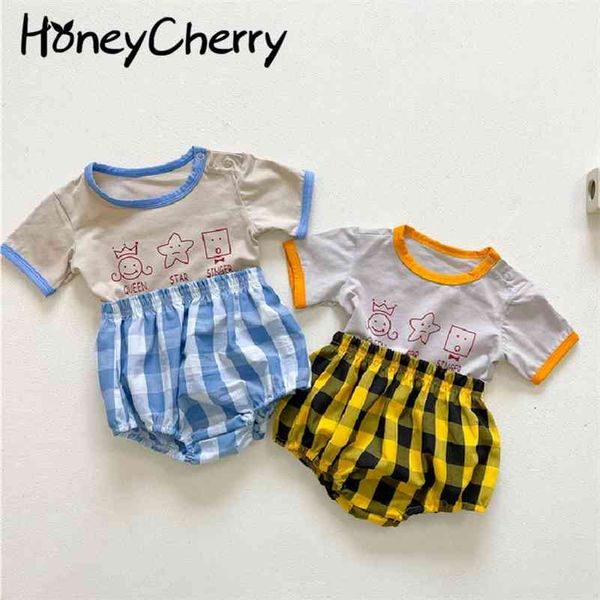 

summer boy and girl baby suit cute cartoon short sleeve t- shirt + check shorts 2 sets kids clothes 210701, White