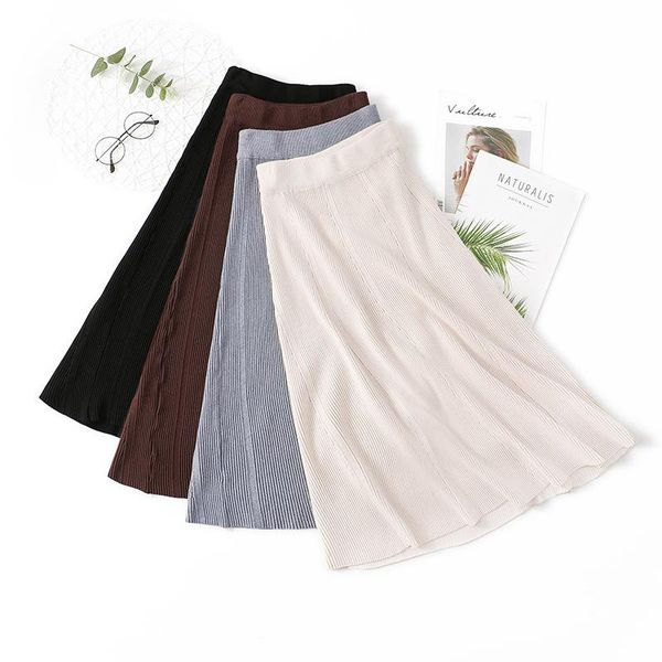 

women knitted maxi skirt korean solid elegant a-line high waist knitwear skirts elastic thicken warm long sweater, Black