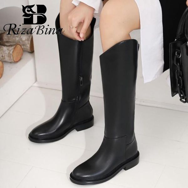 

boots rizabina women shoes real leather knee high low heels fashion winter long boot outdoor cool ladies footwear size 34-39, Black