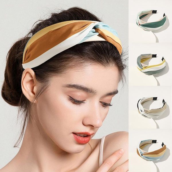 

headband striped hair hoop rainbow cloth fabric women headwear cross knot wide side turban accessories head hoop1