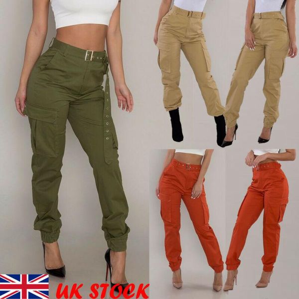 

women's pants & capris s-2xl plus size women casual high waist cargo loose solid black khaki trousers pockets elastic bottoms, Black;white