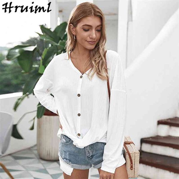 

casual women blouses autumn long sleeve v neck solid loose office lady single button knitted fashion streetwear 210513, White