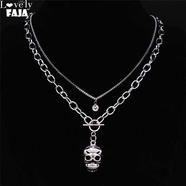 

pendant necklaces gothic skull layered necklace women/men silver color stainless steel chokers chain jewelry collier femme n20376