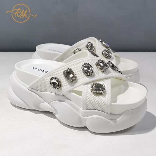 

ry-relaa europe station shoes for women platform sandals 2021 fashion summer style ins rhinestone high heels tide dress, Black