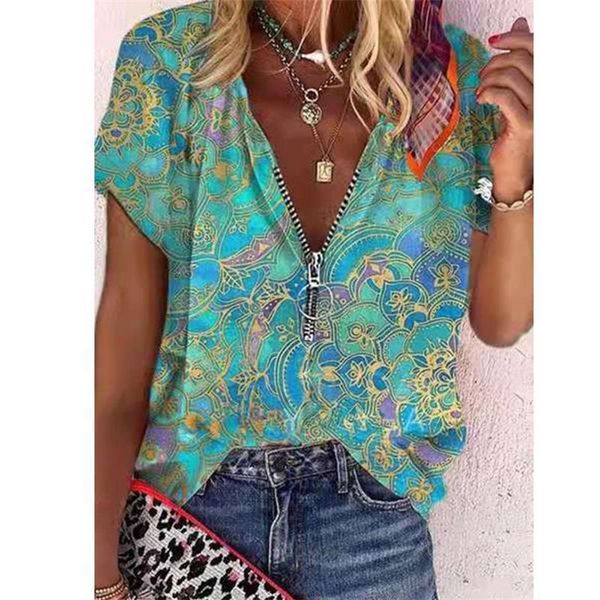 

women's blouses & shirts s-5xl plus size fashion chiffon blouse women v neck zipprt short sleeve summer printed ladies slim casual blu, White