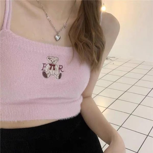 

bear embroidery crop women tanks knitted spaghetti strap tanke off shoulder sleeveless camis for slim fit camisole, White