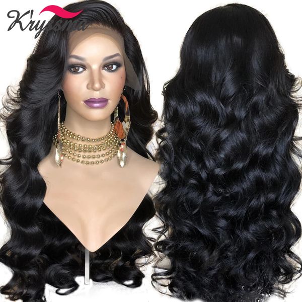 

lx brand body wave synthetic lace front wig black wigs for women high temperature lace wigs middle part bangs heat resistantfactory direct