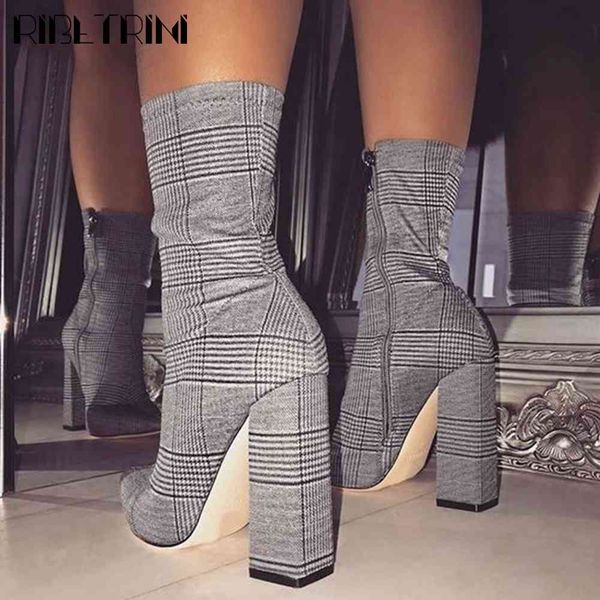 

boots lady zipper mid calf winter shoes fashion pointed plaid high heels women designer brand classic boots, Black