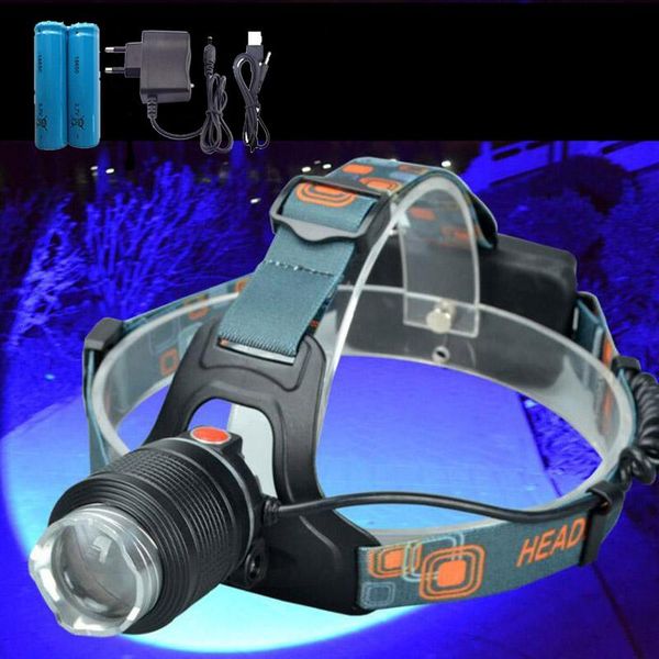 

powerful 2 led headlamp xpe blue white fishing frontal lampe head torch lamp light zoomable focus for hunting camping headlamps