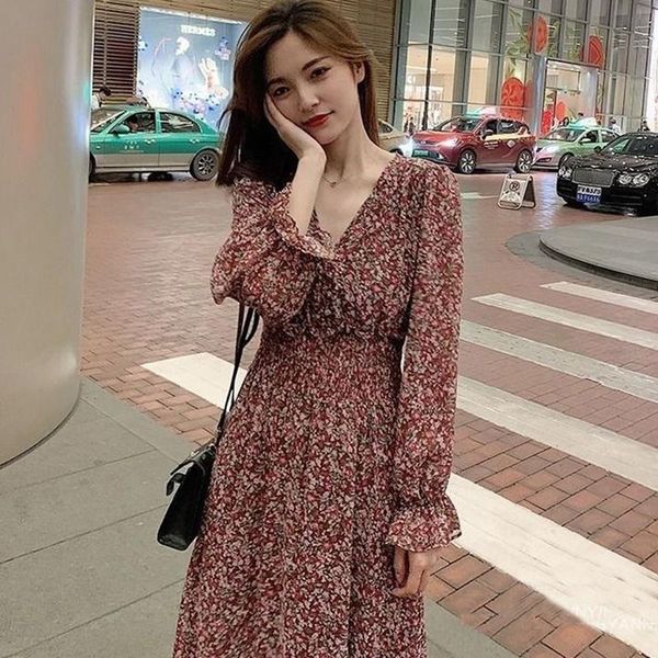 

casual dresses floral dress women retro v neck button long sleeve printed chiffon midi 2021 autumn elastic waist vestidos female robe, Black;gray
