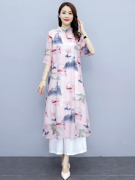 

ethnic clothing 2021 women flower print vietnam aodai long elegant set cotton and linen dress ao dai chinese qipao party, Red