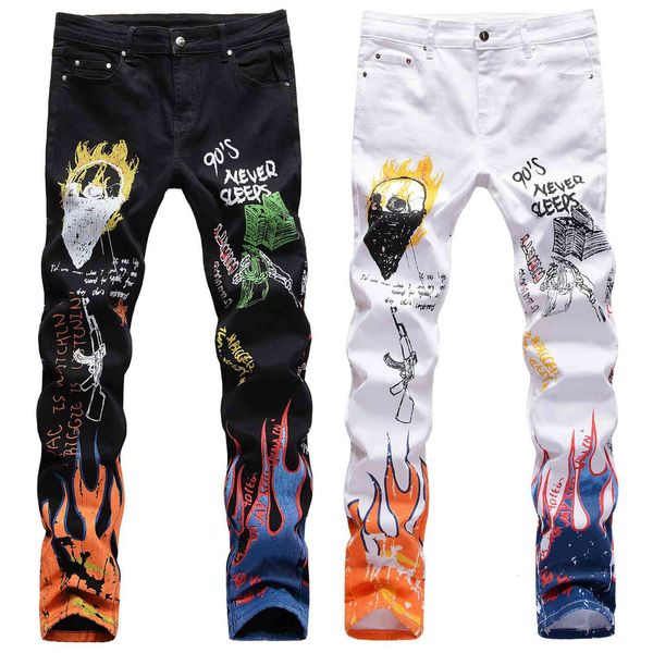 

jeans chao brand high street men's elastic slim 3d color printing black white trousers skeleton graffiti street, Blue
