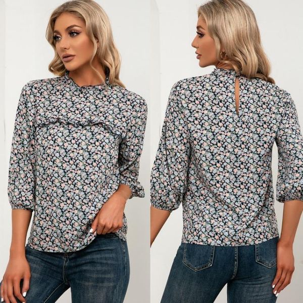 

women's t-shirt floral round neck casual shirt three-quarter sleeves printed shirt women, White