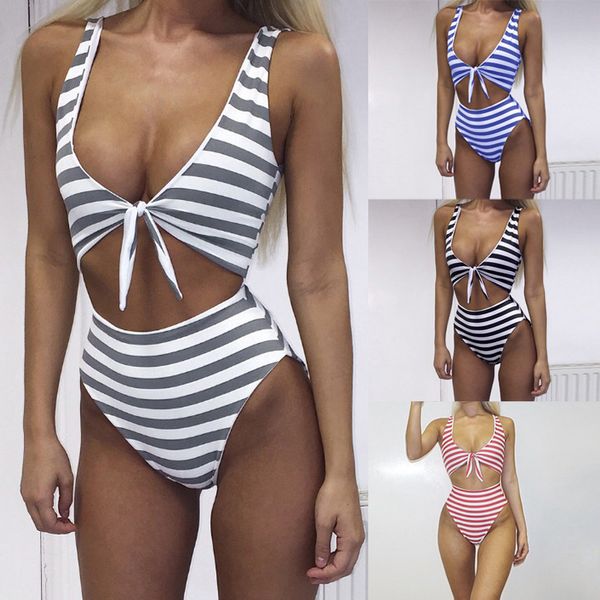 

striped 2021 one piece bow swimsuit, Red;black
