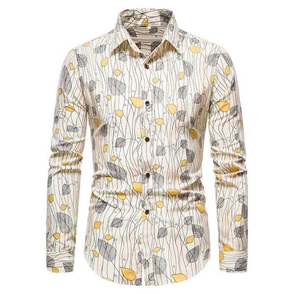 

50kg-100kg mens fashion leaf printed button long sleeve shirts 210412, White;black