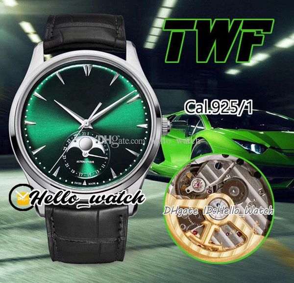 

twf master ultra thin 3d moon enamel cal a925 atuomatic mens watch 39mm steel green dial stick markers leather strap 1368420 2021 edition hw, Slivery;brown