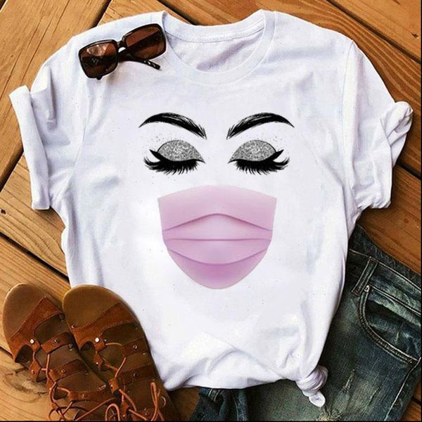 

cute eyelash and face womens mask print summer fashion harajuku tee female ladies, White