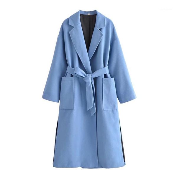 

women's wool & blends xikom 2021 autumn women vintage v neck loose woolen long coats ladies blue belt casual outwear girls chic solid c, Black