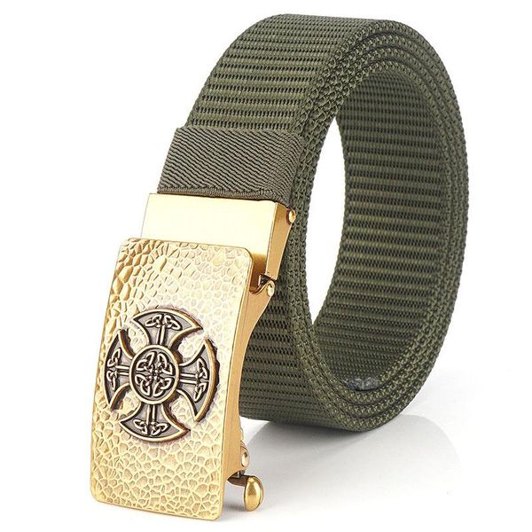 

belts fashion men's canvas outer belt designer metal buckle nylon tank pattern automatic cross flower, Black;brown