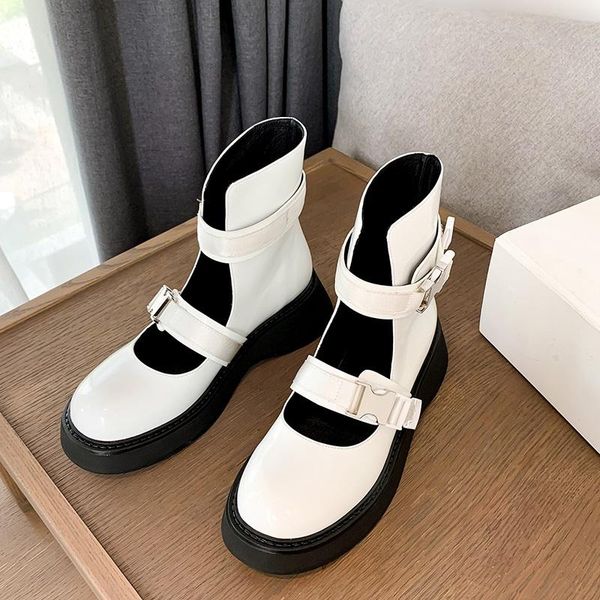 

boots woman punk belt buckle women gothic shoes spring autumn cow leather platform ankle designer botas, Black