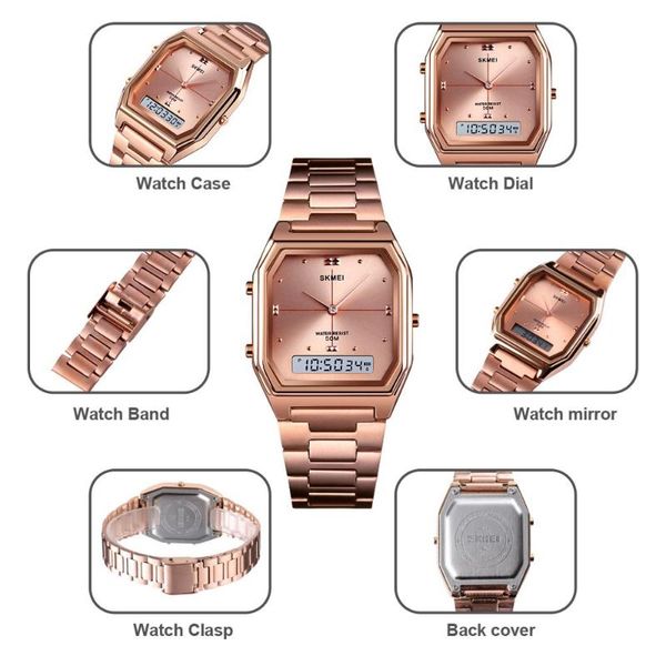 

wristwatches skmei 1612 fashion rose gold women digital watches electronic waterproof wristwatch steel ladies clock chrono relogio feminino, Slivery;brown
