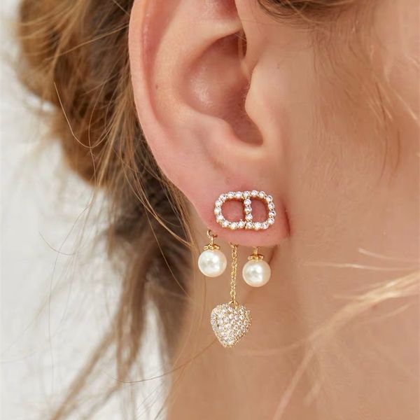 

70% off outlet online love pearl pendant earrings with diamond silver needle for anti allergy, Golden