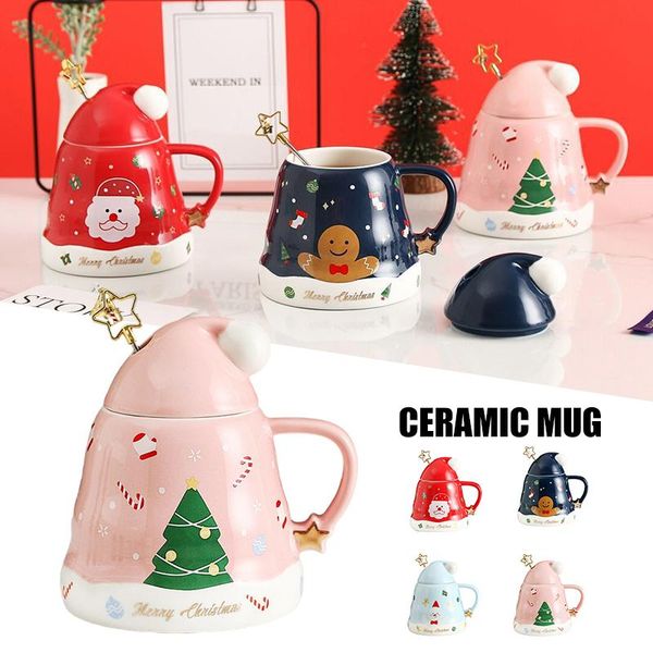 

mugs 2021 christmas ceramic mug with lid & spoon xmas cap shaped glazed cup festival cartoon creative gift for kids friends