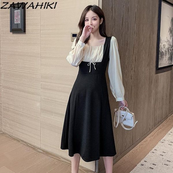 

casual dresses zawahiki autumn french vintage bow contrast color ropa mujer long sleeve high waist square collar temperament dress, Black;gray