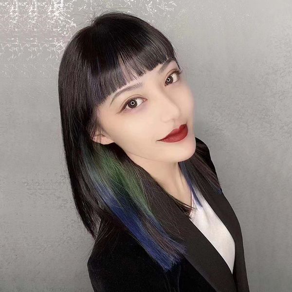 

triple color with bangs wig women's long hair natural full head set, Black