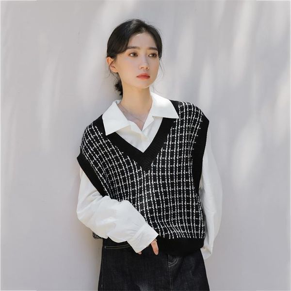 

plaid sweater knitted vest women spring and autumn style 210427, White;black