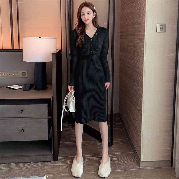 

autumn and winter women's sweater dress v-neck bottoming knitted female slim slimming knee es gx273 210507, Black;gray