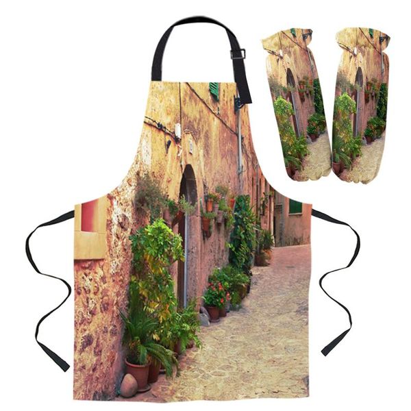 

ancient street road flower pot retro apron kitchen household cleaning barber baking accessories aprons for woman