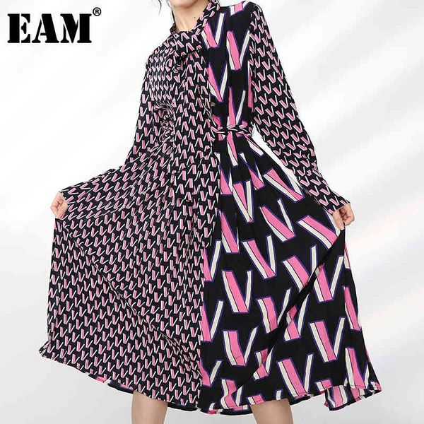 

[eam] women pattern print temperament midi dress bow collar long sleeve loose fit fashion spring autumn a872-01 21512, Black;gray