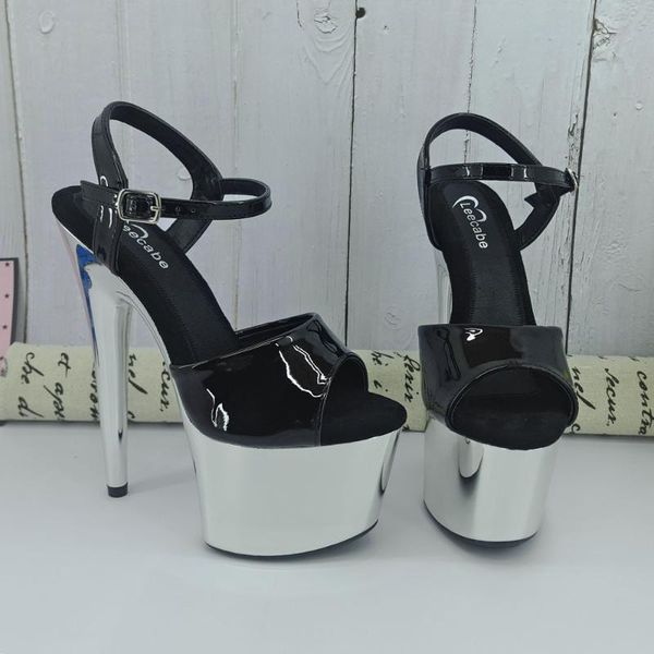 

leecabe shinny silver color 17cm/7inch platform sandals party high heels pole dancing shoes, Black