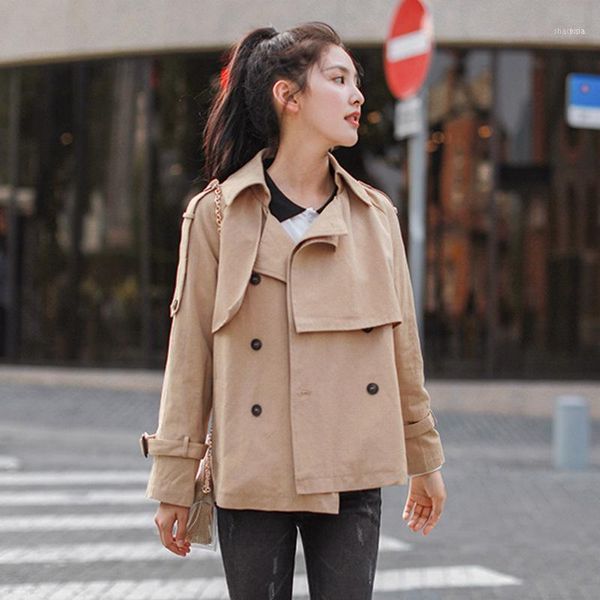 

elegant full sleeve trench coat for women short coats wide-waisted designer windbreaker plus size1, Tan;black