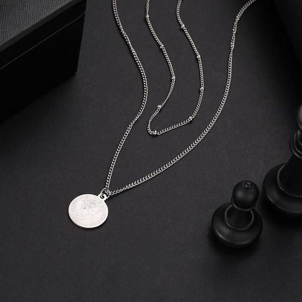 

japan and south korea simple cool ins retro round small beauty head temperament coin necklace female clavicle chain chains, Silver
