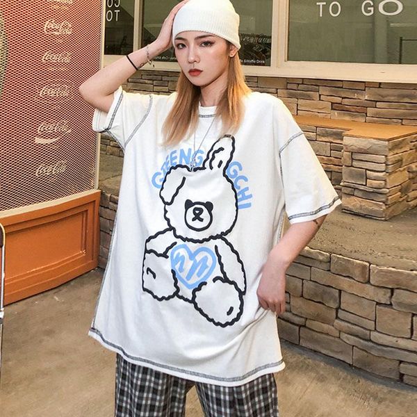 

women's t-shirt stylish high street contrast bear print t shirts harajuku teens o-neck plus size summer japan korean fashion woman tsh, White