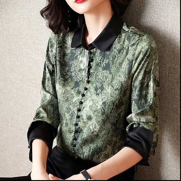 

korean silk long sleeve women shirt vintage print plus size blusas de mujer, White