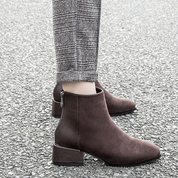 

size 34-42 womens boots autumn winter fashion chunky heels ladies shoes woman flock ankle for women zipper, Black