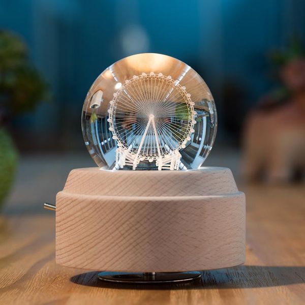 

novelty items rotating clear crystal decorative balls 3d laser engraved glass sphere chargeable music box for home decor birthday gift ornam