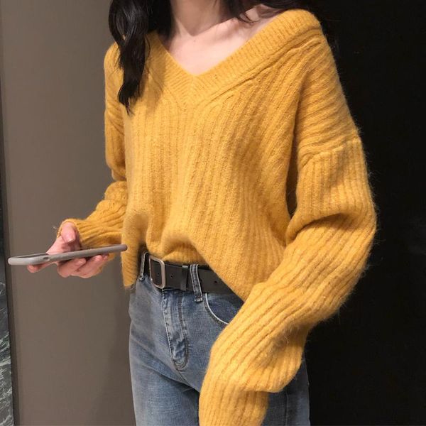 

women's sweaters autumn and winter v-neck back strap bow sweater solid color fashion loose long-sleeved knitted, White;black
