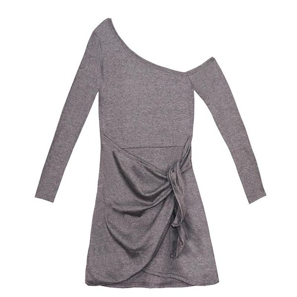 

casual dresses lucyever elegant women dress bandage long sleeve autumn pure cotton mini fashion solid asymmetric party lady vestidos, Black;gray