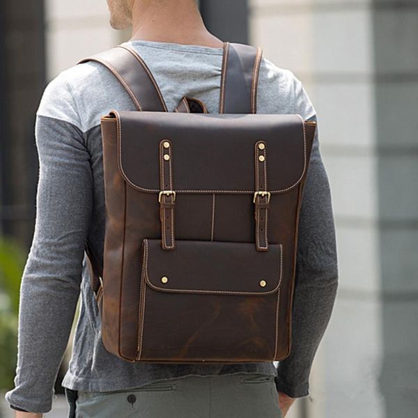 

retro leather men's backpack large capacity 17 inch computer bag leisure travel crazy horse shoulder bags
