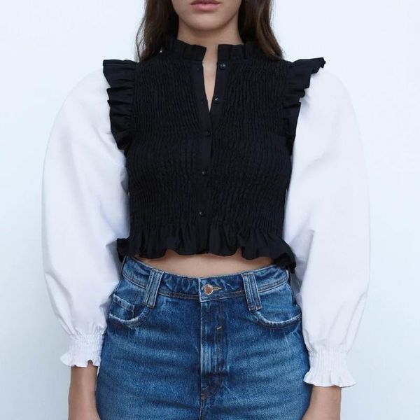 

women's blouses & shirts stylish women shirt spring 2021 fashion patchwork sleeve stretch body preppy girl blouse, White