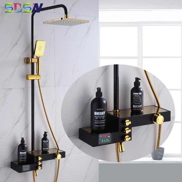 

bathroom shower sets luxury cold digital set of large storage table rainfall head ly rose gold thermostatic