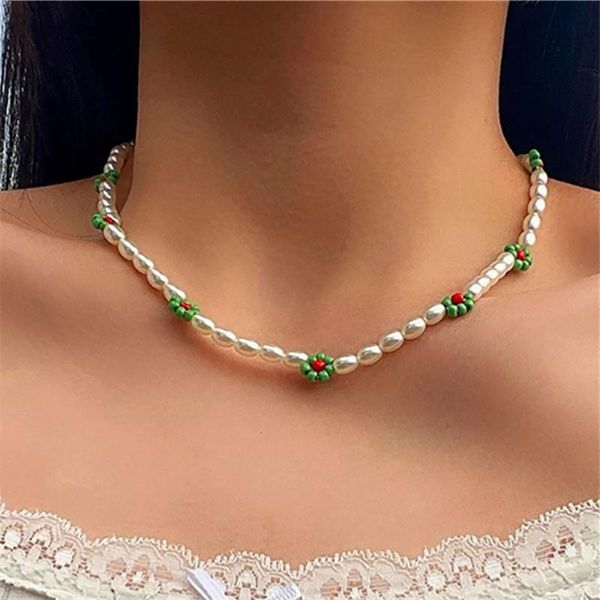 

chains ghidbk fashion colorful acrylic resin flower pearl beaded clavicle chain necklace for women girl simple party travel jewelry, Silver