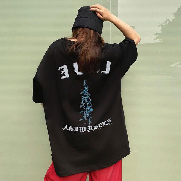 

women's t-shirt askyurself high-quality letter printing short-sleeved men women loose wild high street hip-hop, White