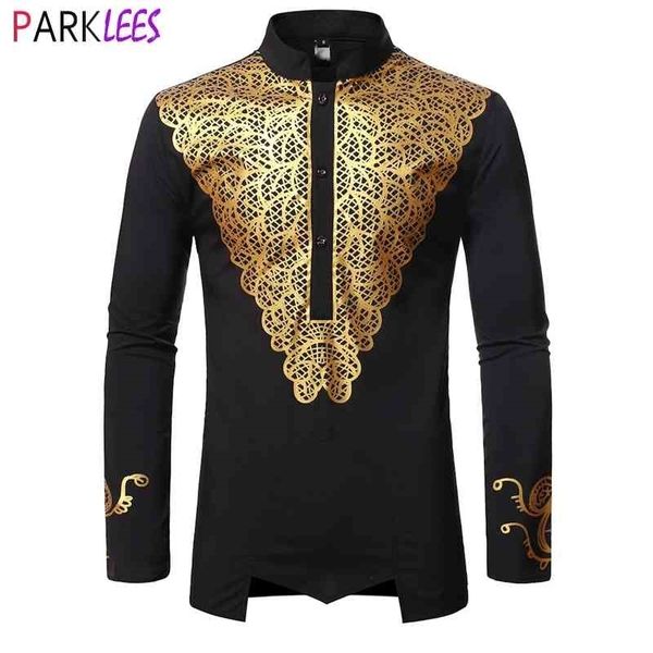 Men's Luxury Gold Imprimir Africano Vestido Tradicional Camisas Marca Nehru Collar Bazin Riche Roupa de Casamento para Homens África Dashiki 210522
