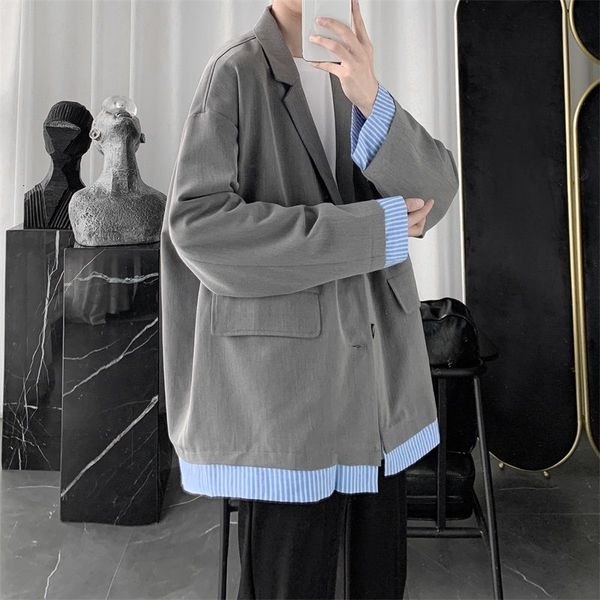 

men's suits & blazers autumn korean style blazer fashion striped stitching casual dress jacket men streetwear loose business suit, White;black