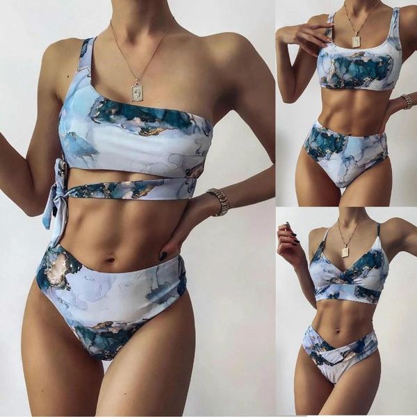 

women's swimwear printed sports bikini suit tight split marble swimsuit high waist beach wear, White;black